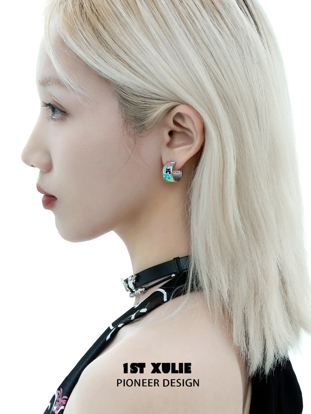 1ST XULIE "Ghosts Black Cat" Whimsical Enamel Cat Stud Earrings in Platinum Plated - Lifestyle Shot
