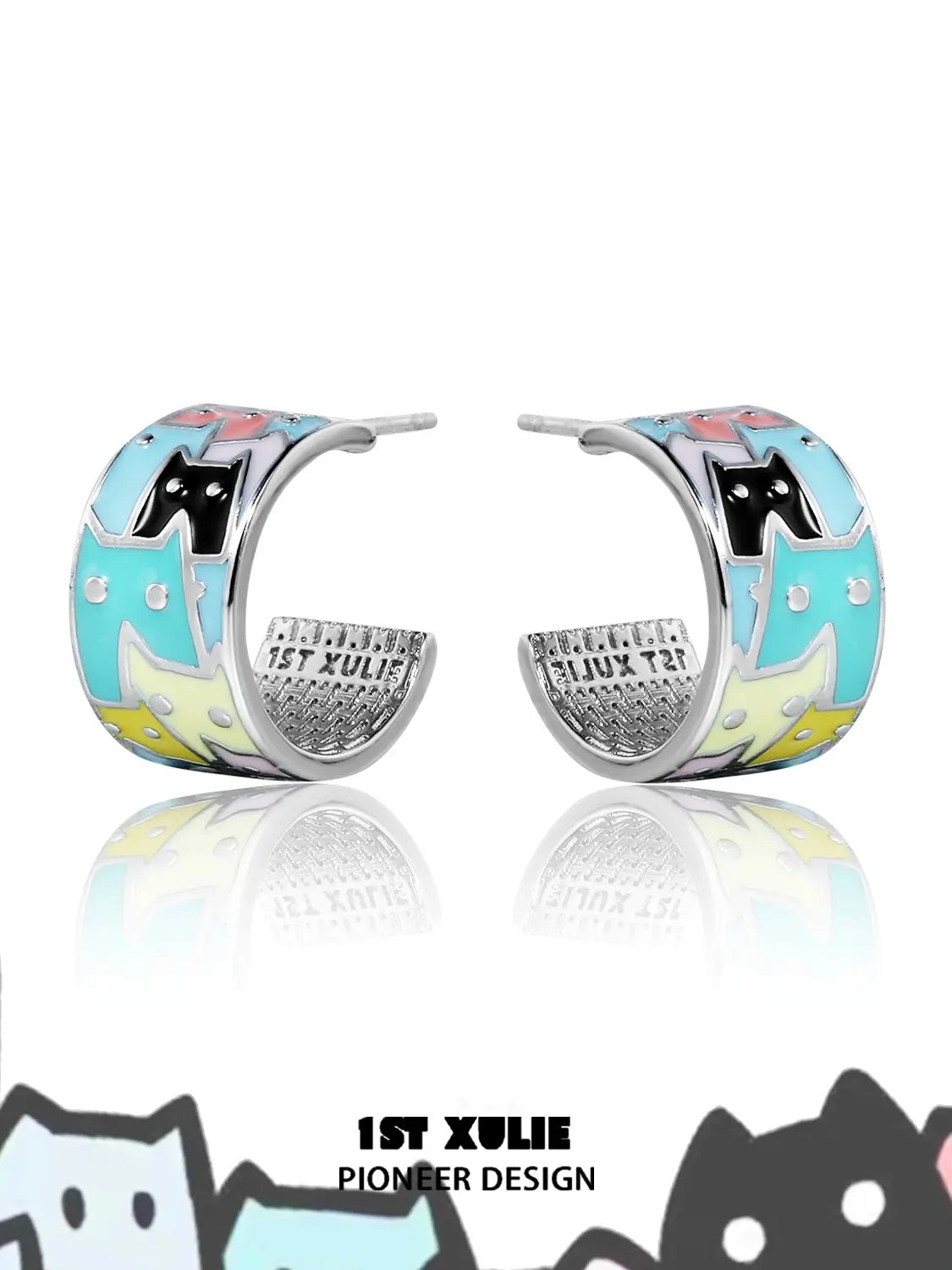 1ST XULIE "Ghosts Black Cat" Whimsical Enamel Cat Stud Earrings in Platinum Plated - Product View