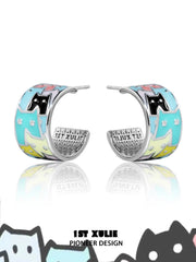 1ST XULIE "Ghosts Black Cat" Whimsical Enamel Cat Stud Earrings in Platinum Plated - Product View