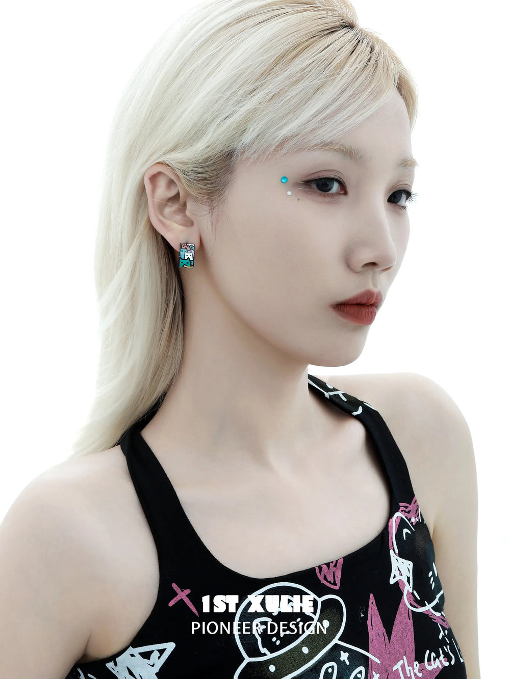 1ST XULIE "Ghosts Black Cat" Whimsical Enamel Cat Stud Earrings in Platinum Plated - On Model