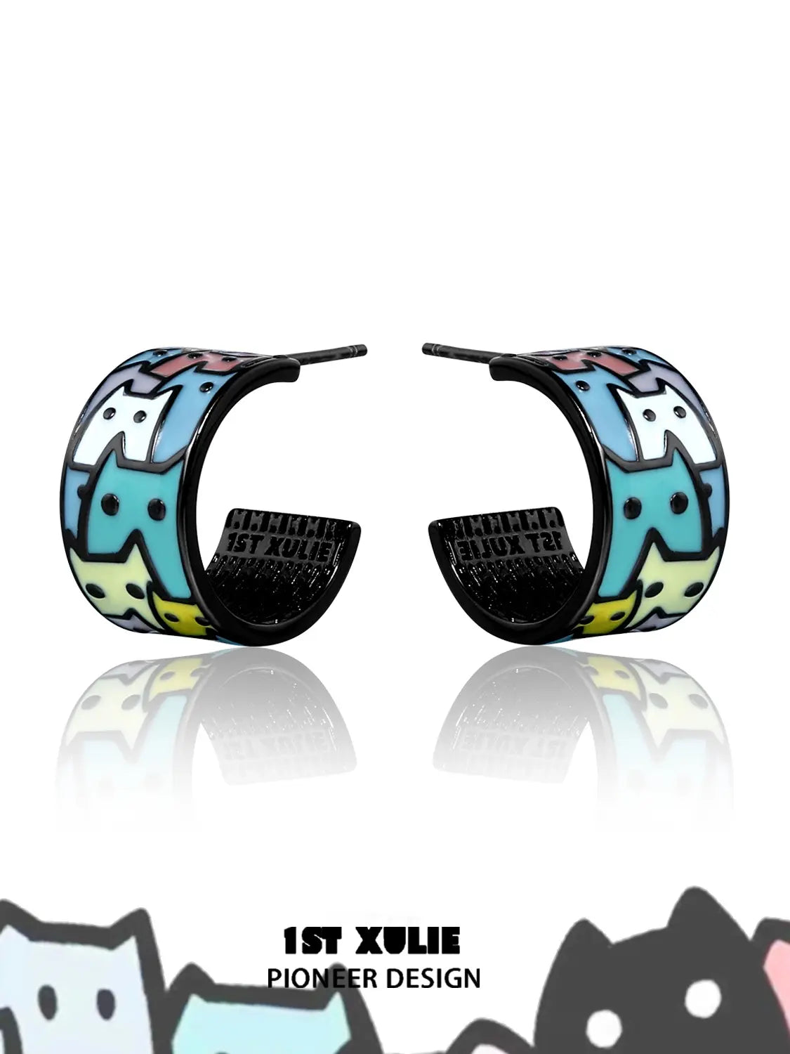 1ST XULIE "Ghosts Black Cat" Whimsical Enamel Cat Stud Earrings in Platinum Plated - On Model