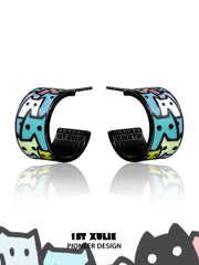 1ST XULIE "Ghosts Black Cat" Whimsical Enamel Cat Stud Earrings in Platinum Plated - On Model