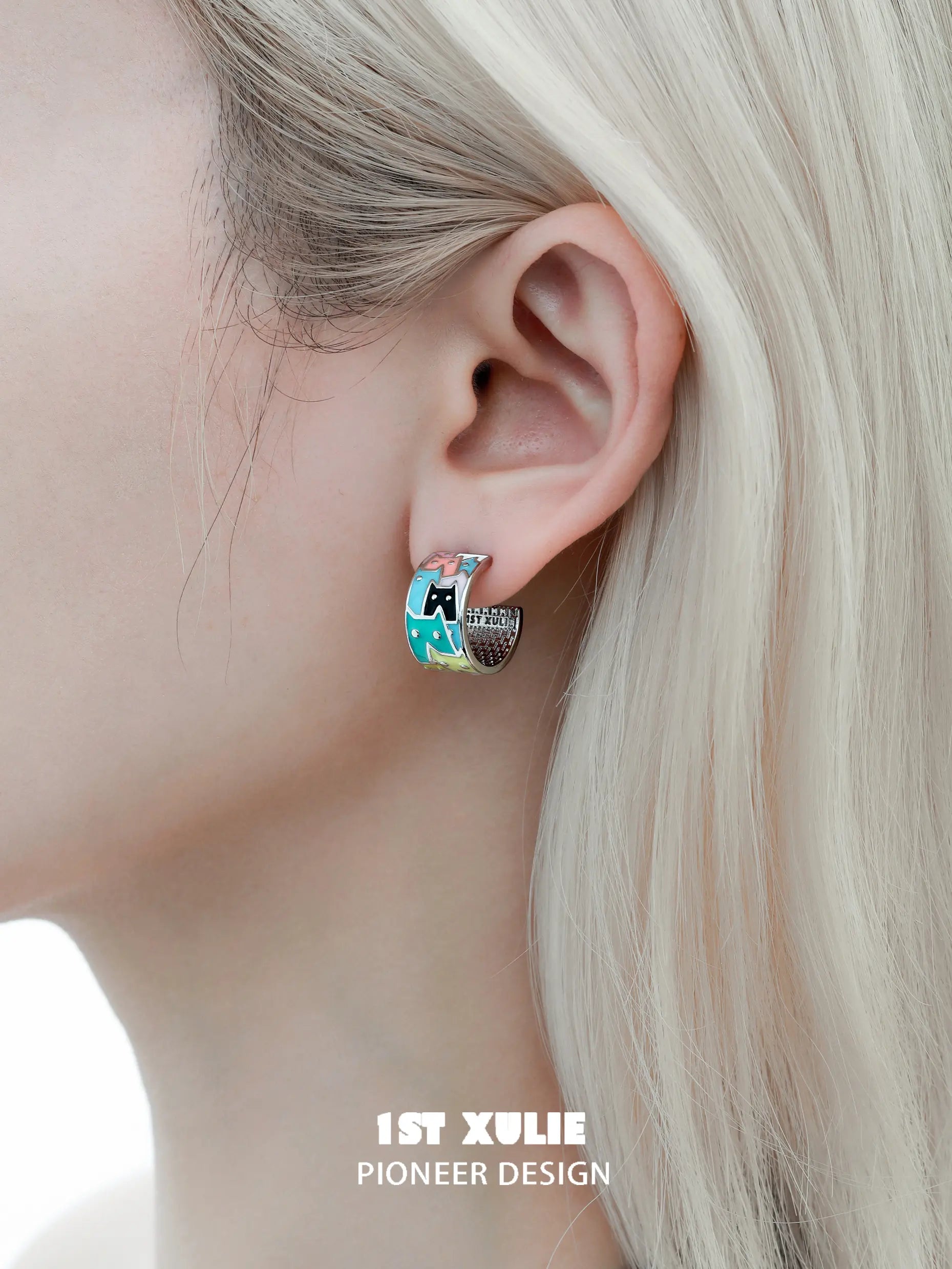 1ST XULIE "Ghosts Black Cat" Whimsical Enamel Cat Stud Earrings in Platinum Plated - On Model Close-Up