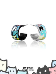 1ST XULIE "Ghosts Black Cat" Whimsical Enamel Cat Stud Earrings in Platinum Plated - Product View