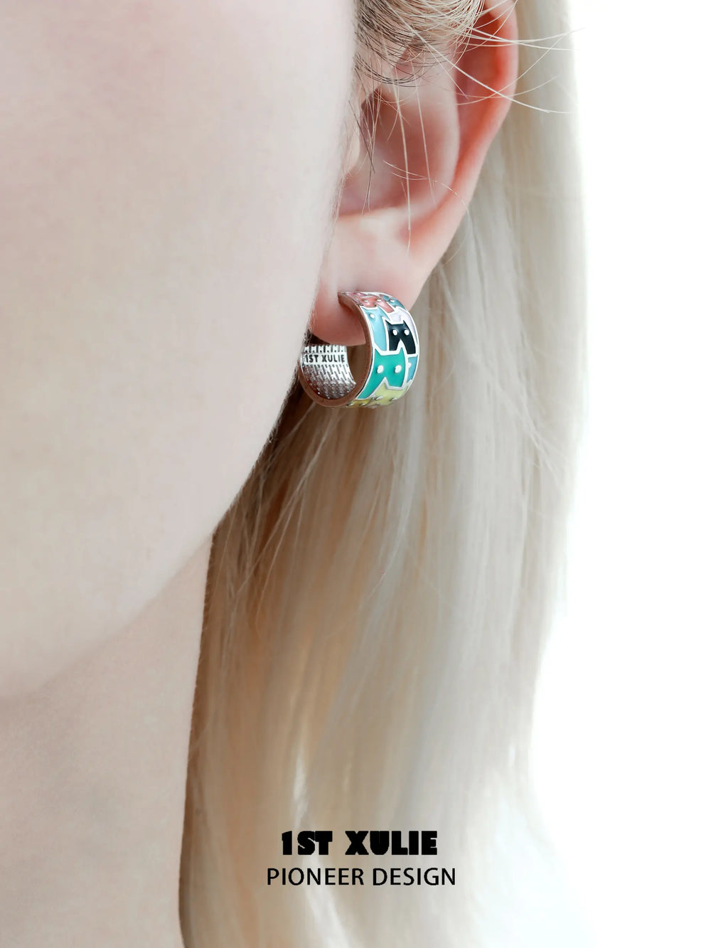 1ST XULIE "Ghosts Black Cat" Whimsical Enamel Cat Stud Earrings in Platinum Plated - Side View