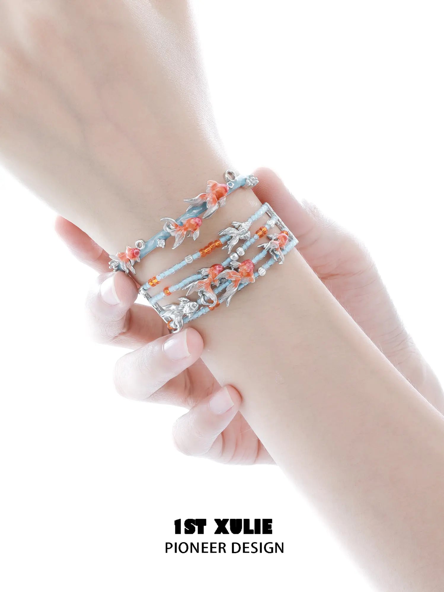 1ST XULIE Jewelry "THE SEA" Whimsical Goldfish Beaded Charm Bracelet in Brass - Angle 1