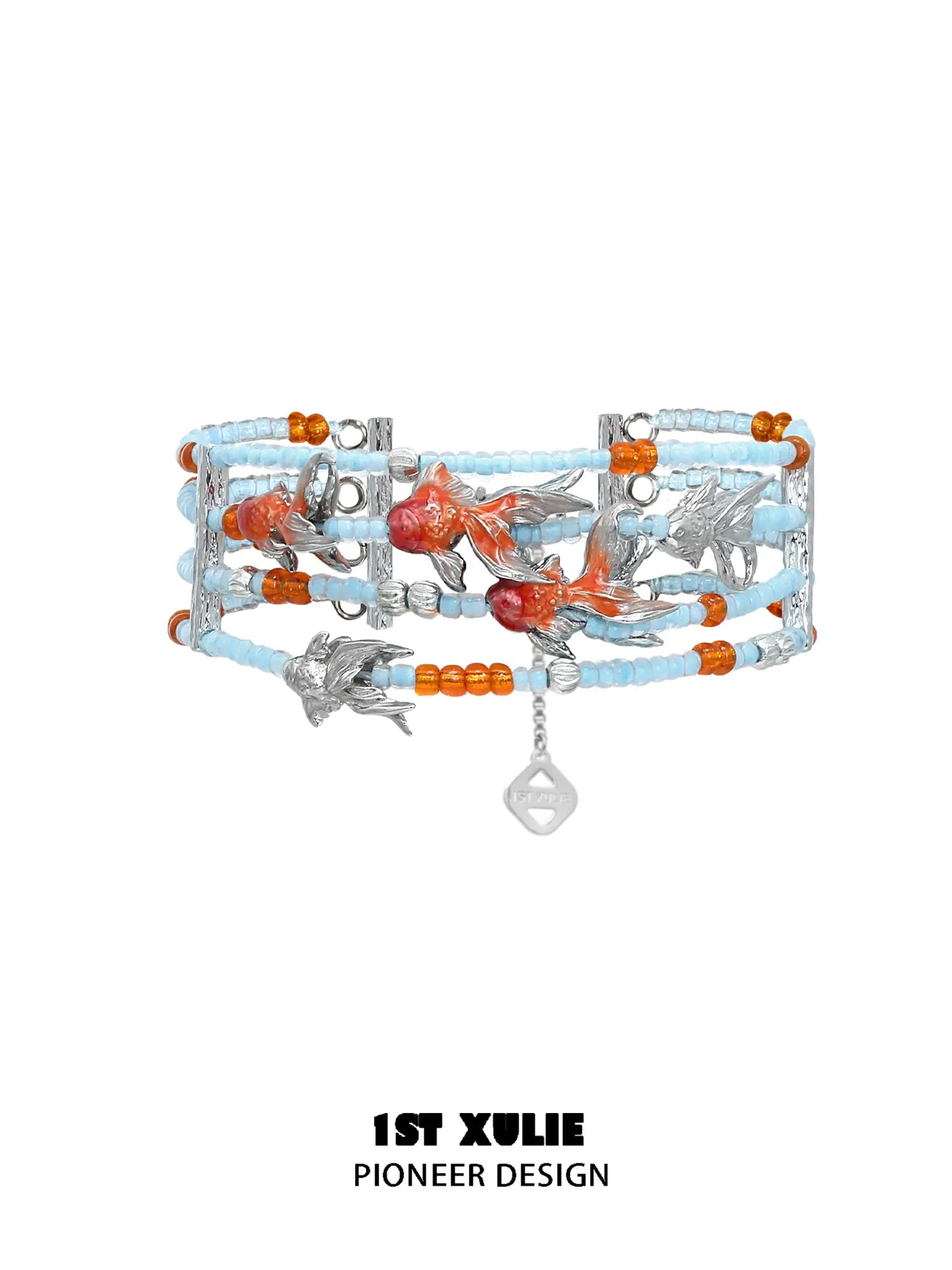 1ST XULIE Jewelry "THE SEA" Whimsical Goldfish Beaded Charm Bracelet in Brass - Detail Shot