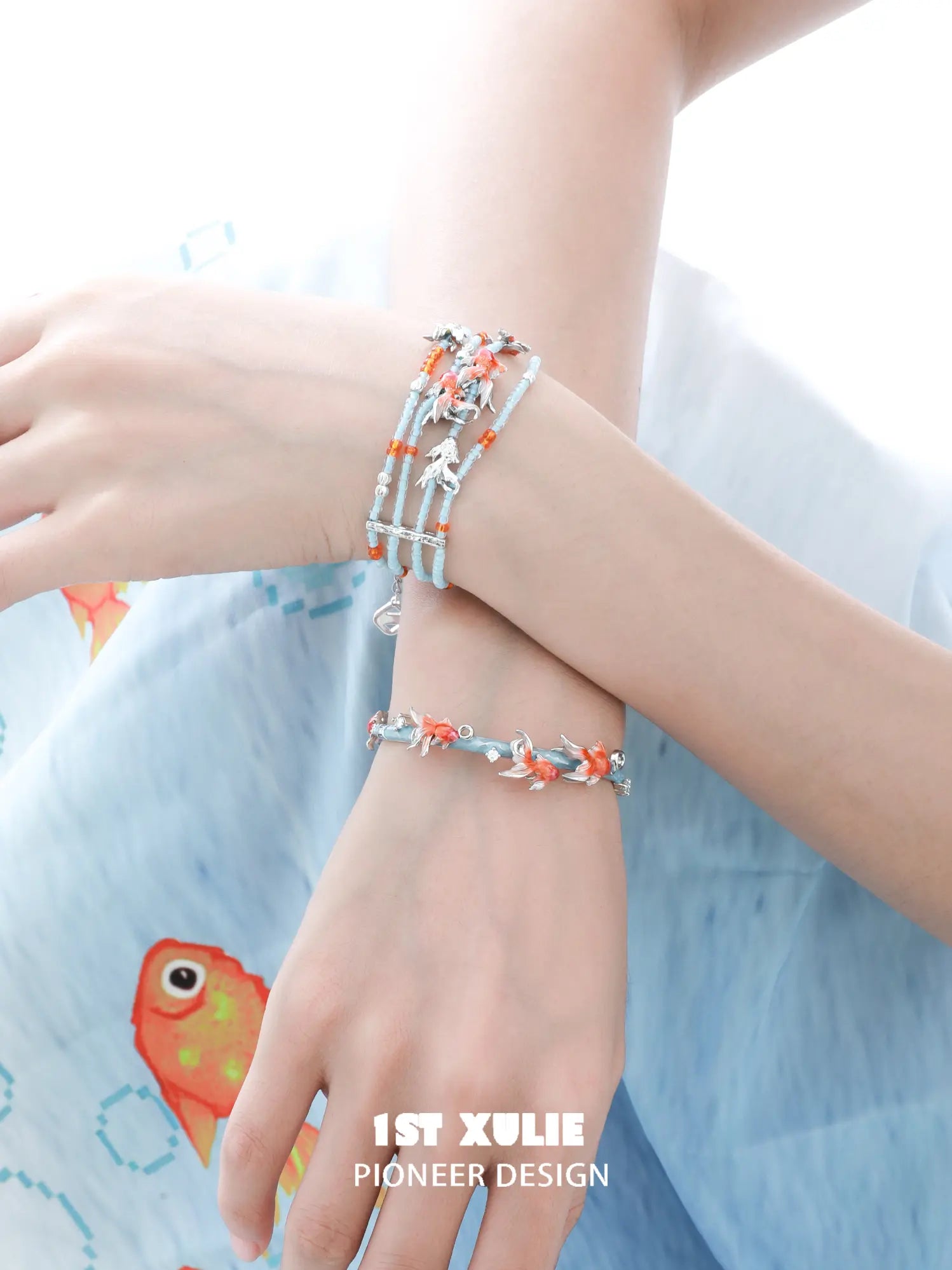 1ST XULIE Jewelry "THE SEA" Whimsical Goldfish Beaded Charm Bracelet in Brass - Side View