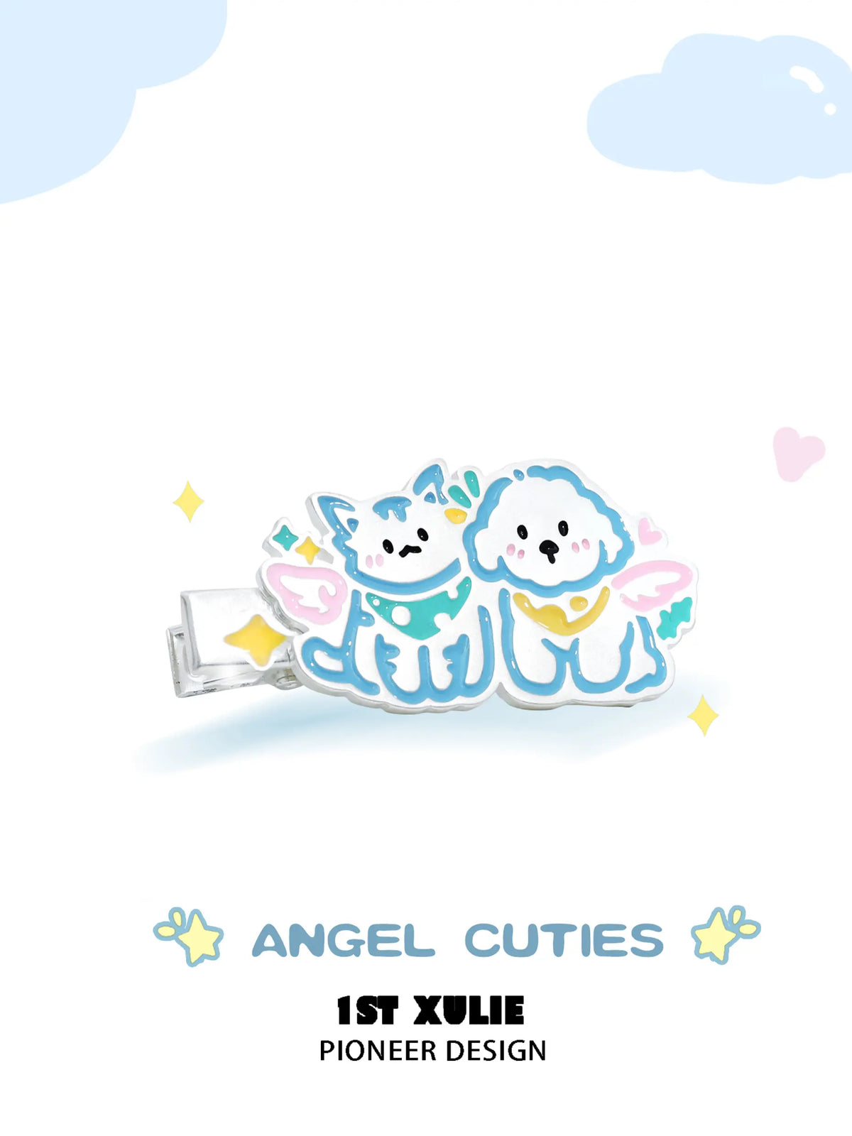 1ST XULIE "Angel Cuties" Whimsical Kitten & Puppy Motif Hair Clip in Platinum Plated Brass - Angle View
