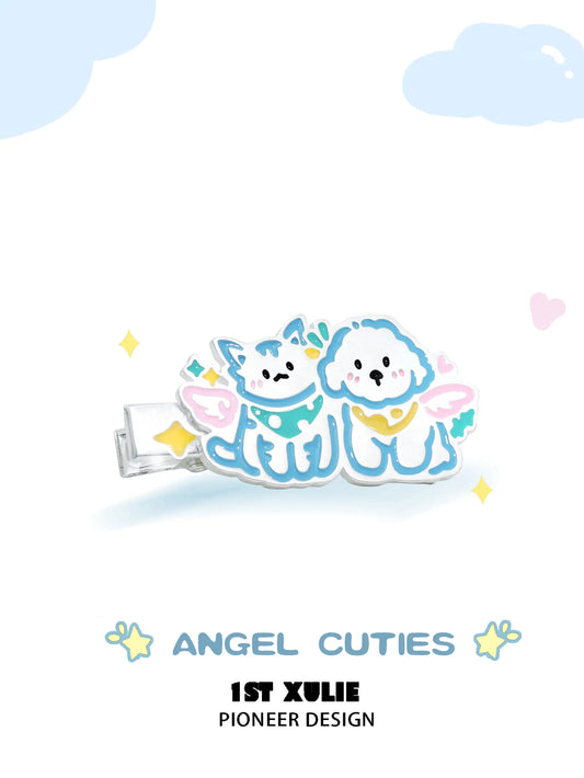 1ST XULIE "Angel Cuties" Whimsical Kitten & Puppy Motif Hair Clip in Platinum Plated Brass - Angle View