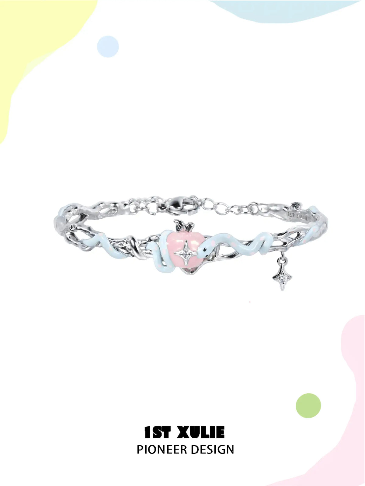 1ST XULIE "Nom Nom Snake" Whimsical Snake & Apple Cuff Bangle in Platinum Plated - Angle View