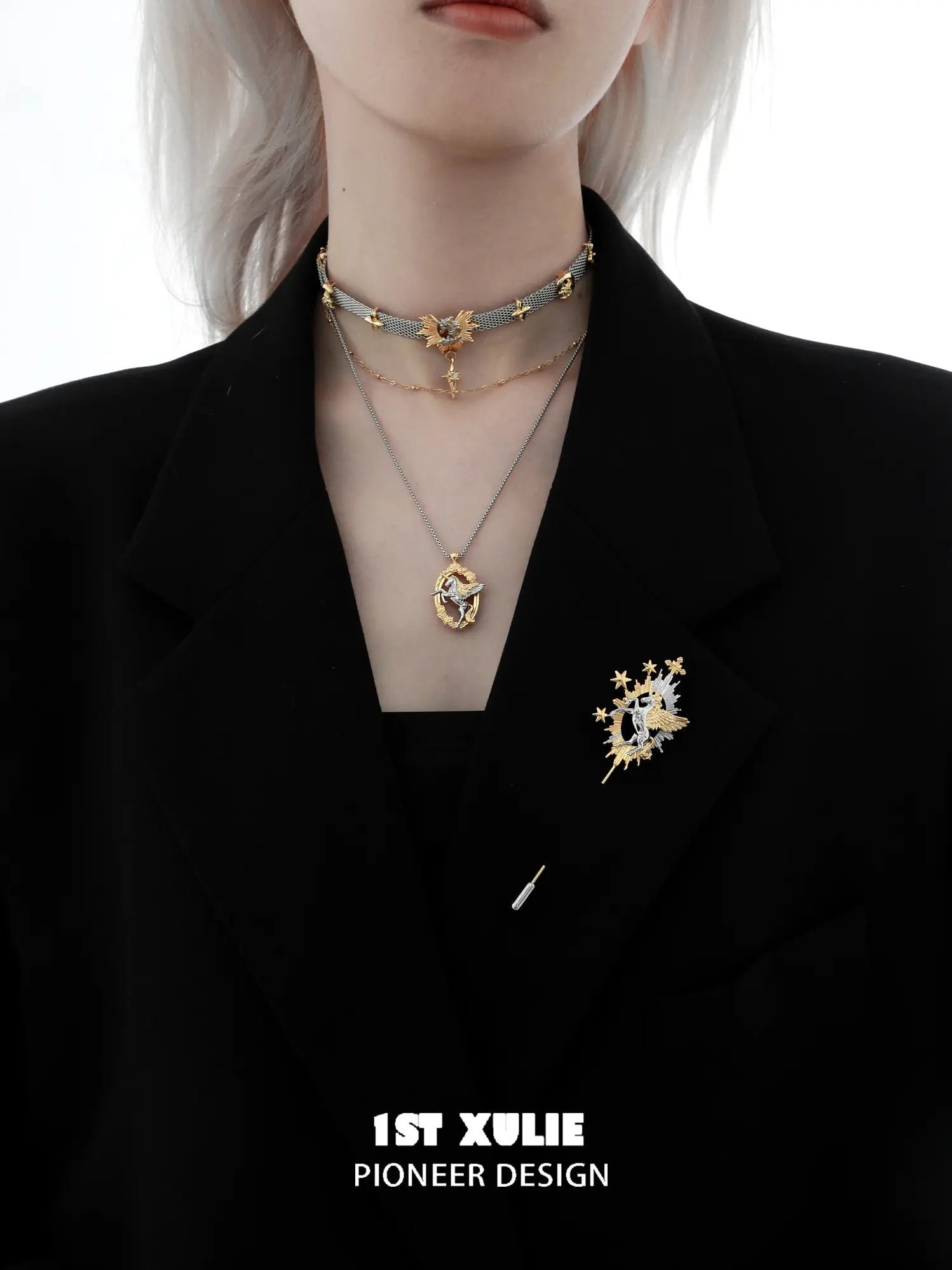 1ST XULIE "DREAM HORSE" Whimsical Unicorn Brooch in 18K Gold & Platinum Plated - Angle View