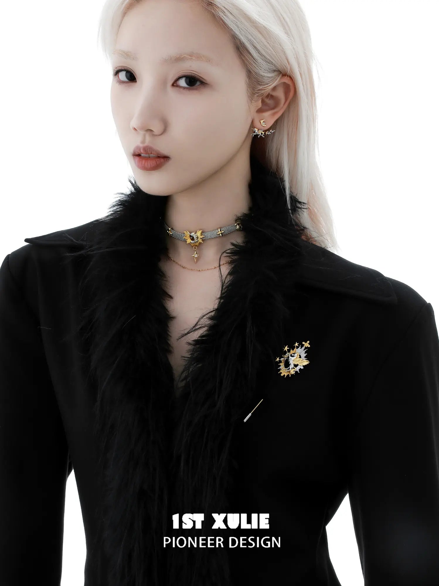 1ST XULIE "DREAM HORSE" Whimsical Unicorn Brooch in 18K Gold & Platinum Plated - On Model