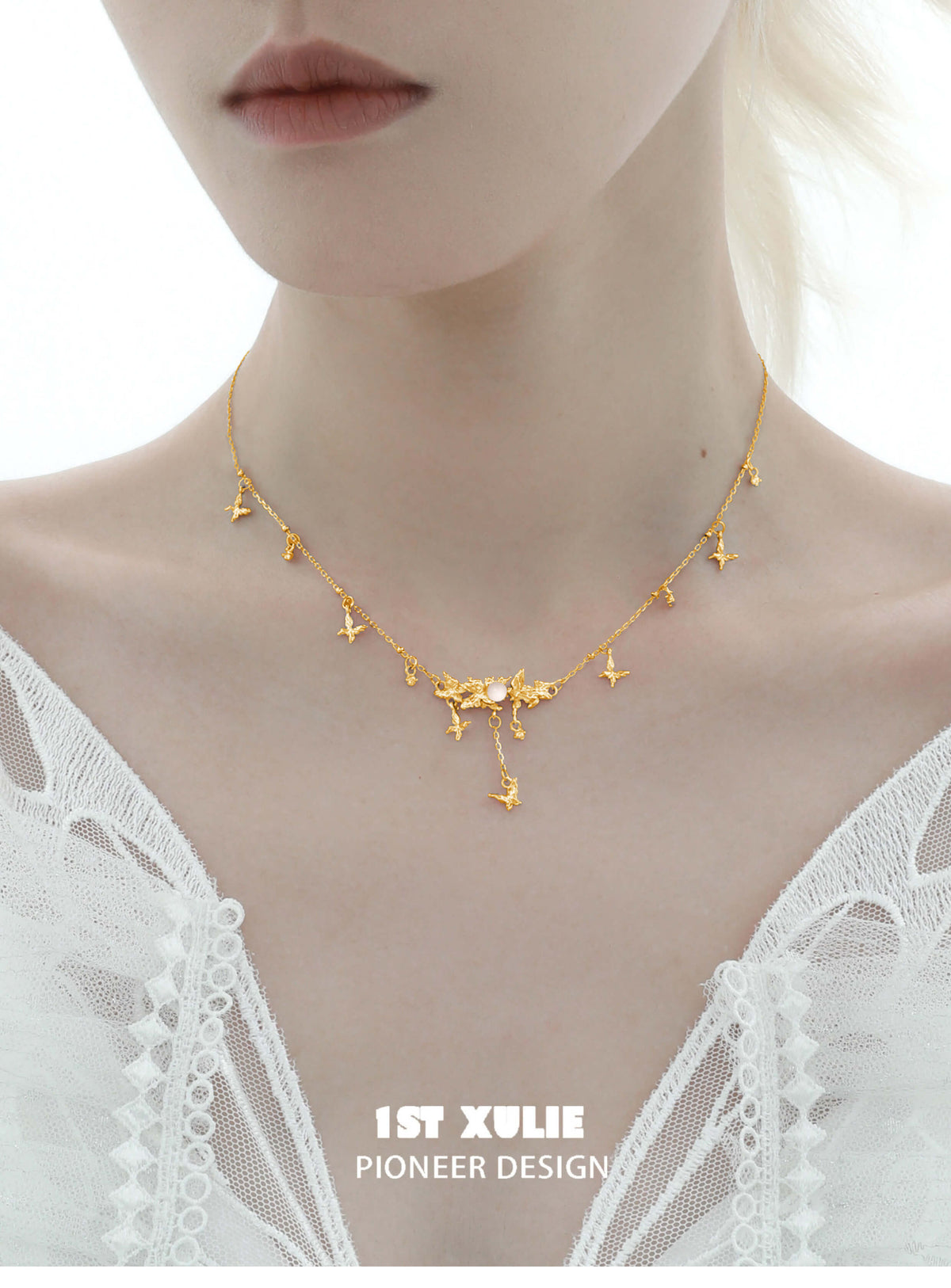 1ST XULIE "Whiterfly" White Agate Butterfly Pendant Necklace in 24K Gold Plated - Product View