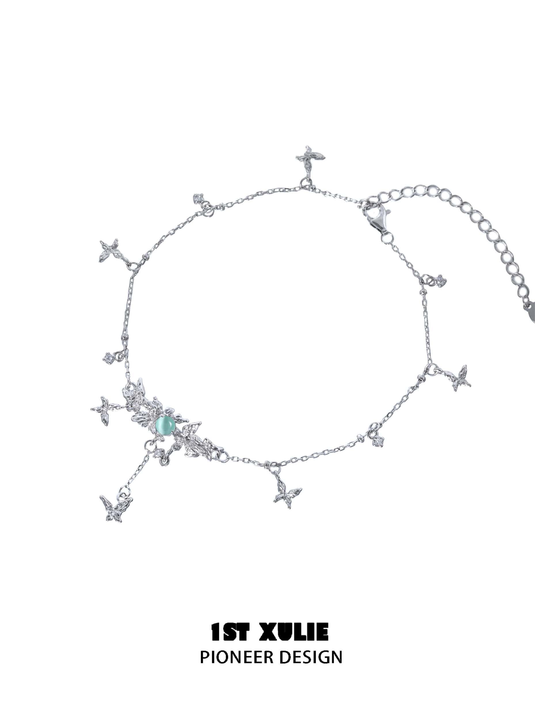 1ST XULIE "Whiterfly" White Agate & Cat's Eye Butterfly Anklet in 925 Sterling Silver - Detail Shot