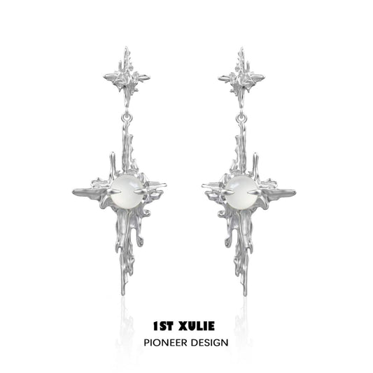 1ST XULIE "Day Dream" Statement White Agate Dangle Pendant Earrings in Platinum Plated Brass - Product View