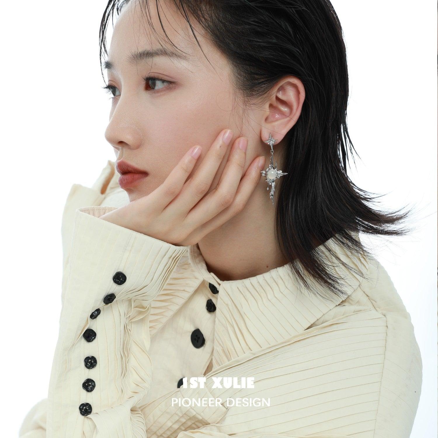 1ST XULIE "Day Dream" Statement White Agate Dangle Pendant Earrings in Platinum Plated Brass - Side View