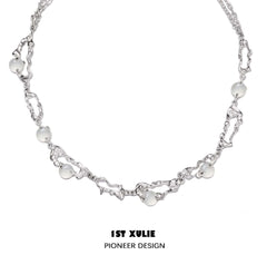 1ST XULIE "Day Dream" White Agate Statement Choker Necklace in 24K Gold Plated - On Model Close-Up