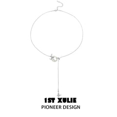 1ST XULIE "Whiterfly" Dainty White Chalcedony Beaded Choker Necklace in 925 Sterling Silver - Angled View On Model