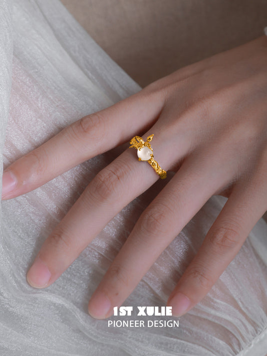 1ST XULIE "Whiterfly" Adjustable Statement White Chalcedony Butterfly Ring in 24K Gold Plated 925 Sterling Silver - Detail Shot