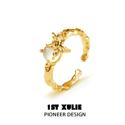 1ST XULIE "Whiterfly" Adjustable Statement White Chalcedony Butterfly Ring in 24K Gold Plated 925 Sterling Silver - Product View