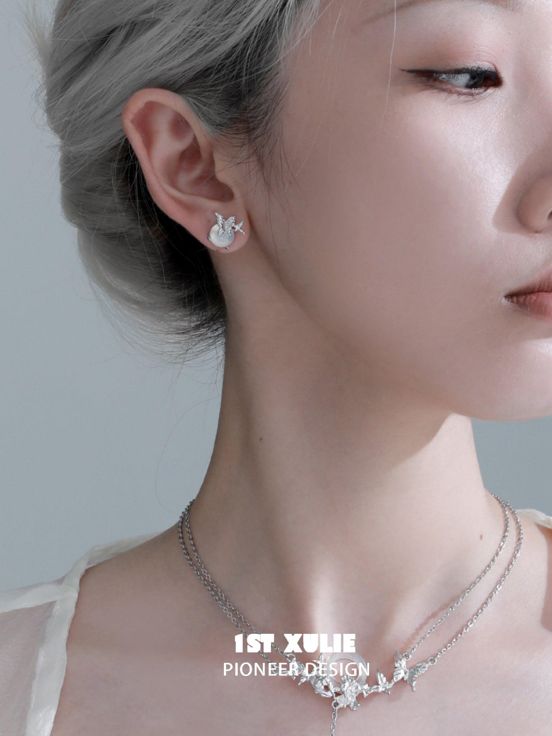 1ST XULIE "Whiterfly" White Chalcedony Butterfly Stud Earrings in 925 Sterling Silver - Back View