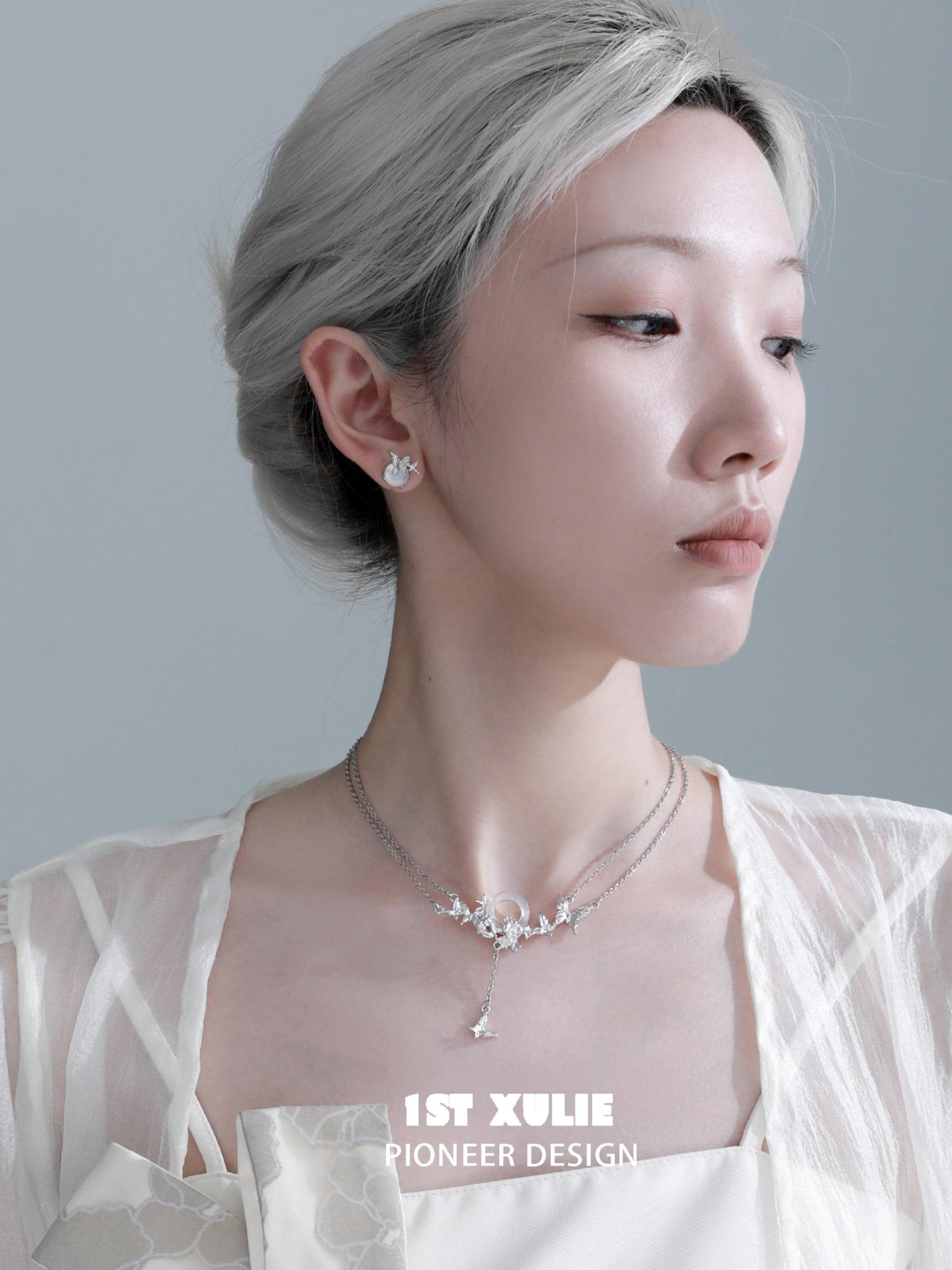 1ST XULIE "Whiterfly" White Chalcedony Butterfly Stud Earrings in 925 Sterling Silver - Detail Shot