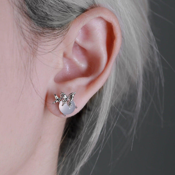 "Whiterfly" 925 Sterling Silver White Chalcedony Butterfly Stud Earrings, Dangle Earrings