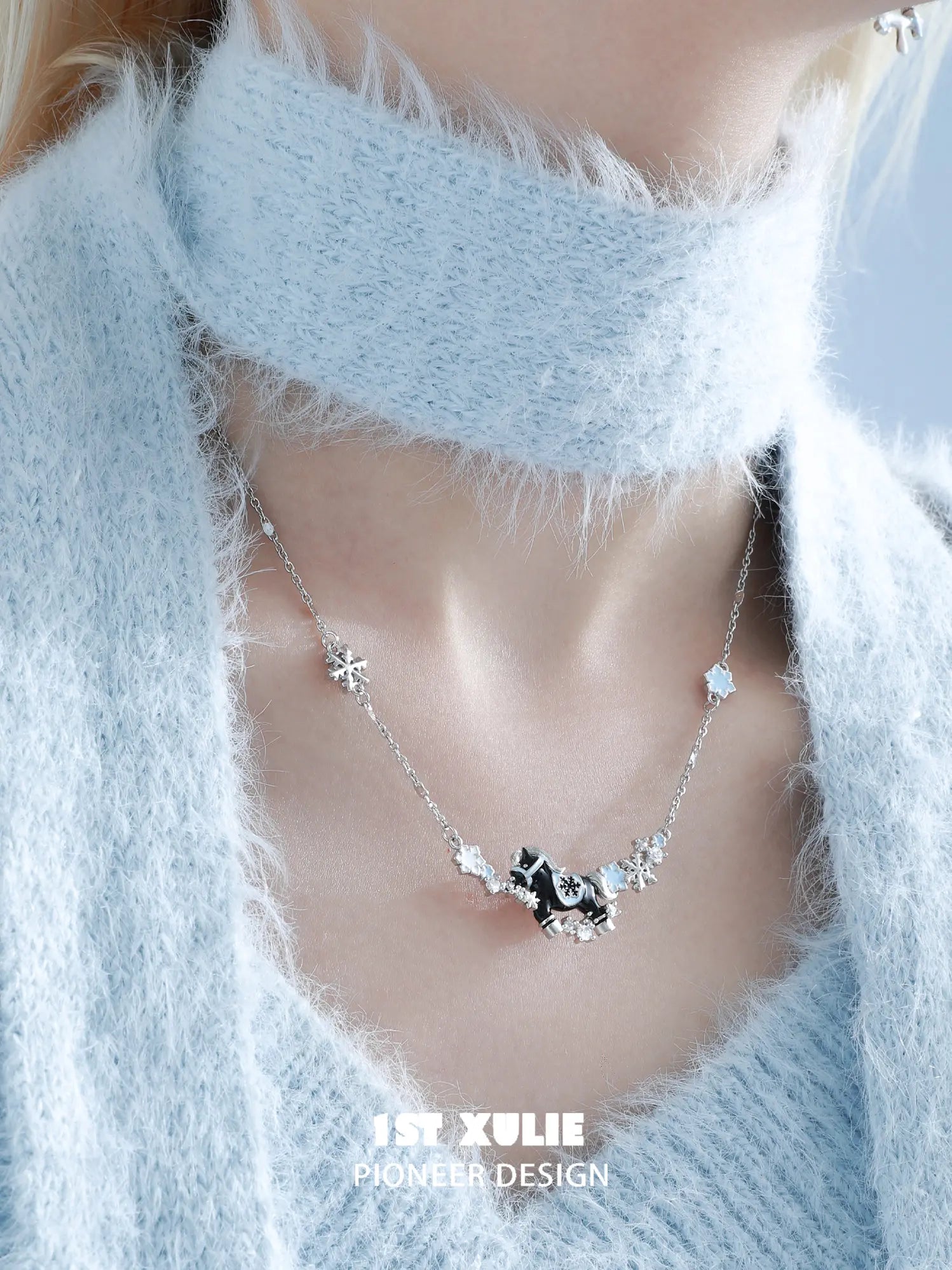 1ST XULIE Jewelry "Snowy Cuties" White Pony Dainty Pendant Necklace in Platinum Plated - Product View