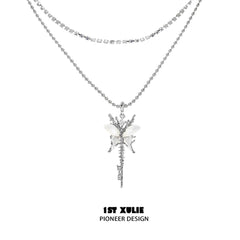 1ST XULIE "Whiterfly" White Shell Butterfly Necklace in Platinum & Titanium - Back View