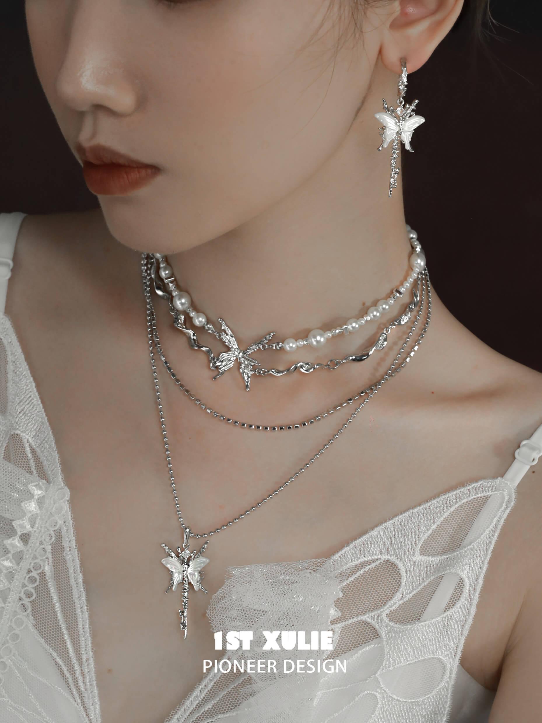 1ST XULIE "Whiterfly" White Shell Butterfly Necklace in Platinum & Titanium - Product View
