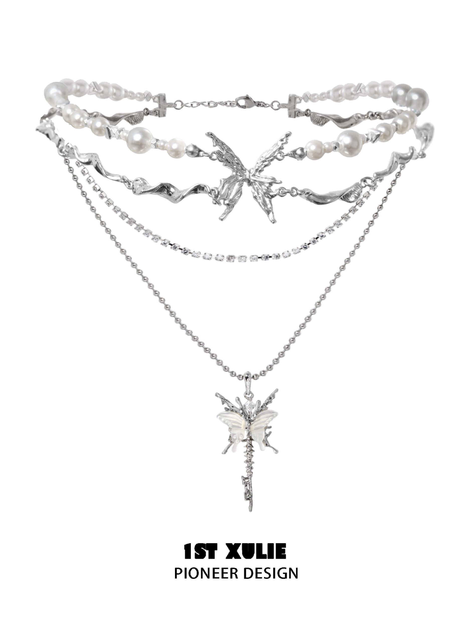 1ST XULIE "Whiterfly" White Shell Butterfly Necklace in Platinum & Titanium - On Model
