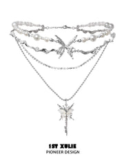 1ST XULIE "Whiterfly" White Shell Butterfly Necklace in Platinum & Titanium - On Model