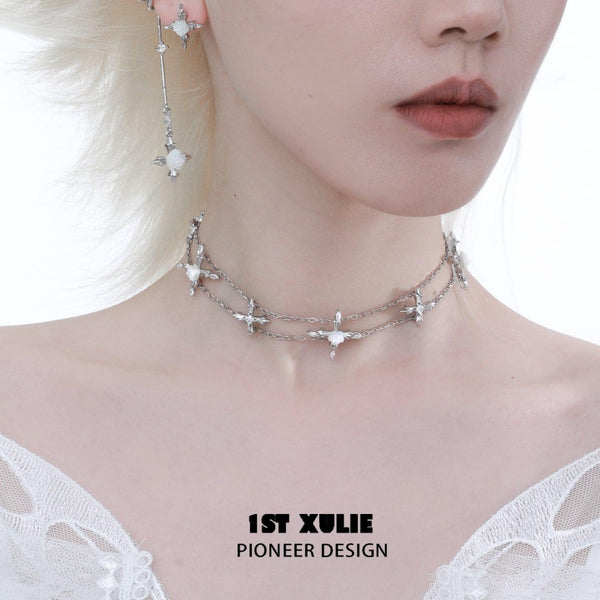 "Rose Believer" Platinum Plated White Shell Statement Camellia Cross Pendant Choker Necklace