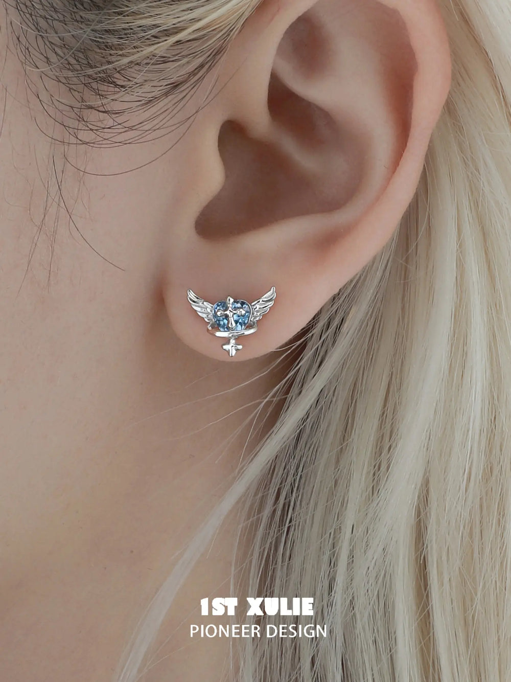 1ST XULIE Jewelry "Forbidden Love" Colorful Zirconia Winged Heart Stud Earrings in 925 Sterling Silver - Detail Shot