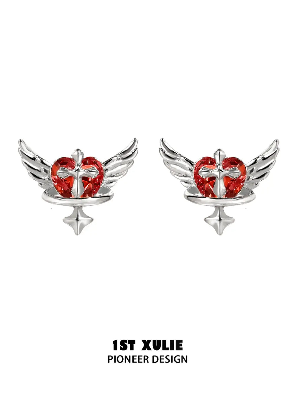 1ST XULIE Jewelry "Forbidden Love" Colorful Zirconia Winged Heart Stud Earrings in 925 Sterling Silver - Lifestyle Shot