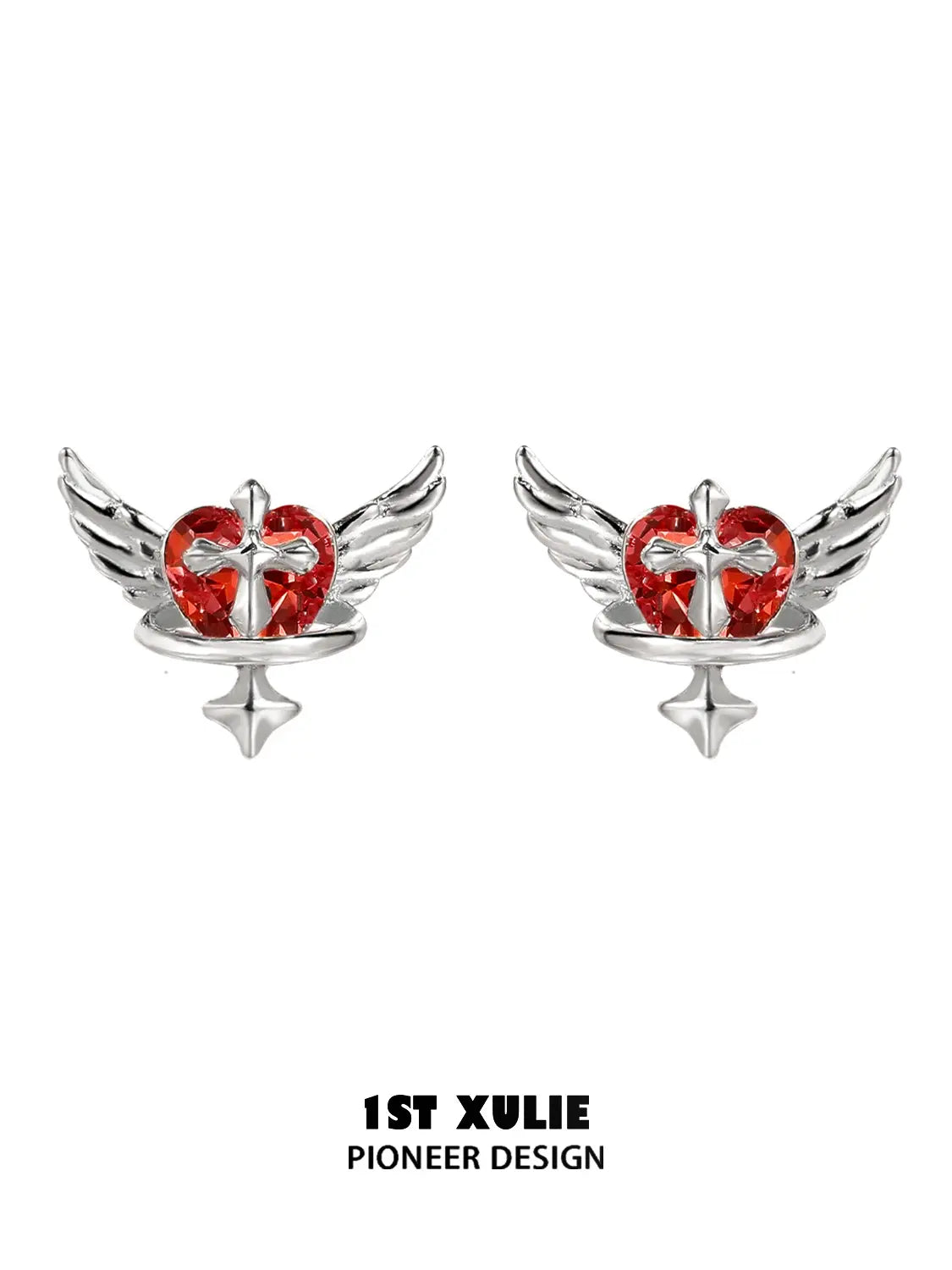 1ST XULIE Jewelry "Forbidden Love" Colorful Zirconia Winged Heart Stud Earrings in 925 Sterling Silver - Lifestyle Shot