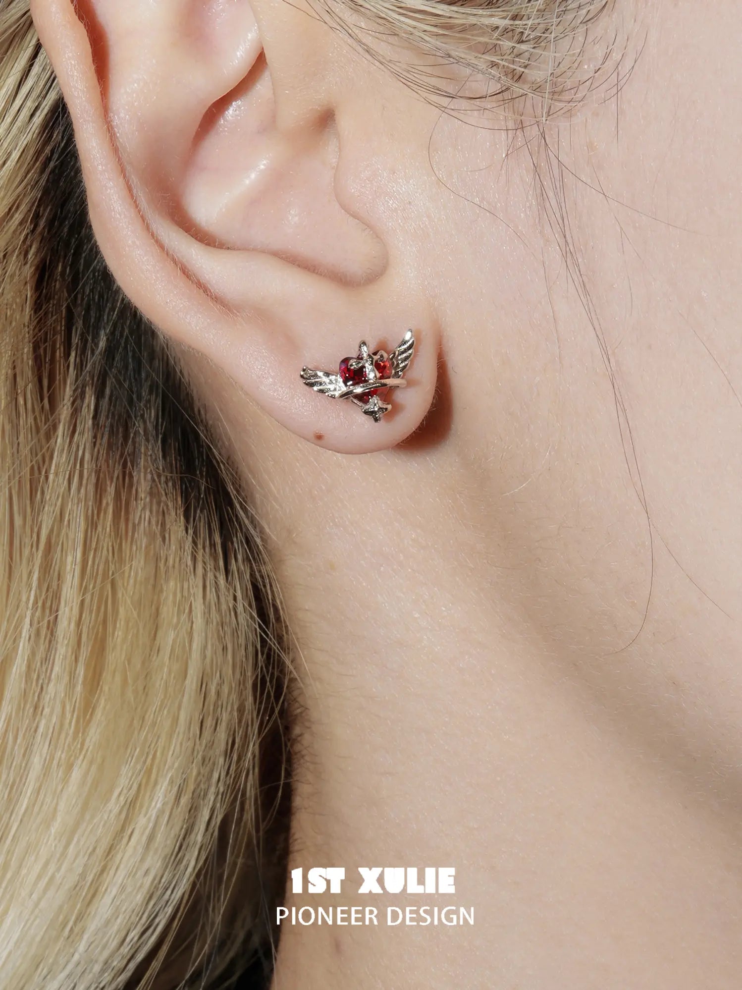 1ST XULIE Jewelry "Forbidden Love" Colorful Zirconia Winged Heart Stud Earrings in 925 Sterling Silver - Product View