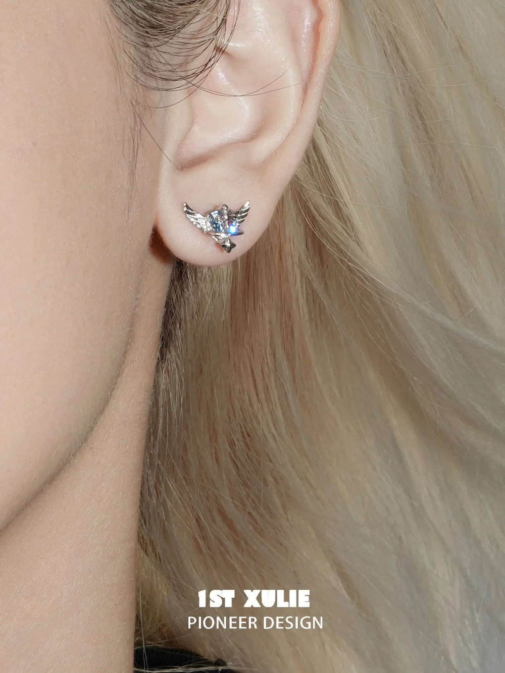 1ST XULIE Jewelry "Forbidden Love" Colorful Zirconia Winged Heart Stud Earrings in 925 Sterling Silver - On Model