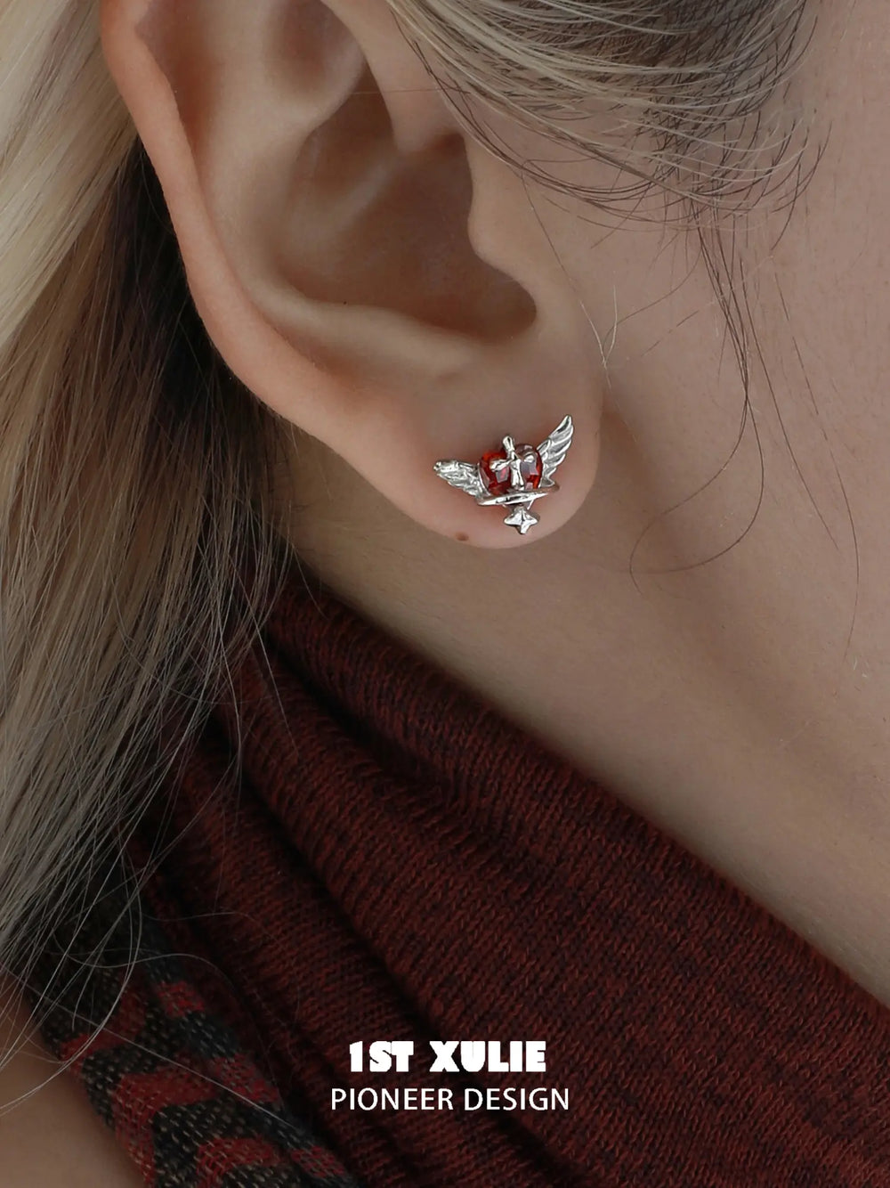 1ST XULIE Jewelry "Forbidden Love" Colorful Zirconia Winged Heart Stud Earrings in 925 Sterling Silver - On Model Close Up