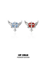 1ST XULIE Jewelry "Forbidden Love" Colorful Zirconia Winged Heart Stud Earrings in 925 Sterling Silver - Texture Detail