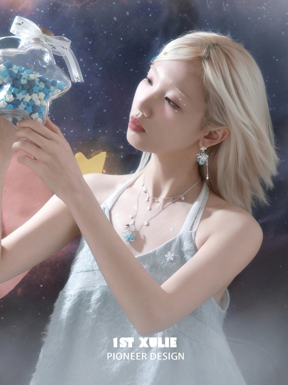 1ST XULIE Jewelry "WISHING STAR" Wishing Bottle Dangle Earrings in Platinum Plated - Blue Star Single