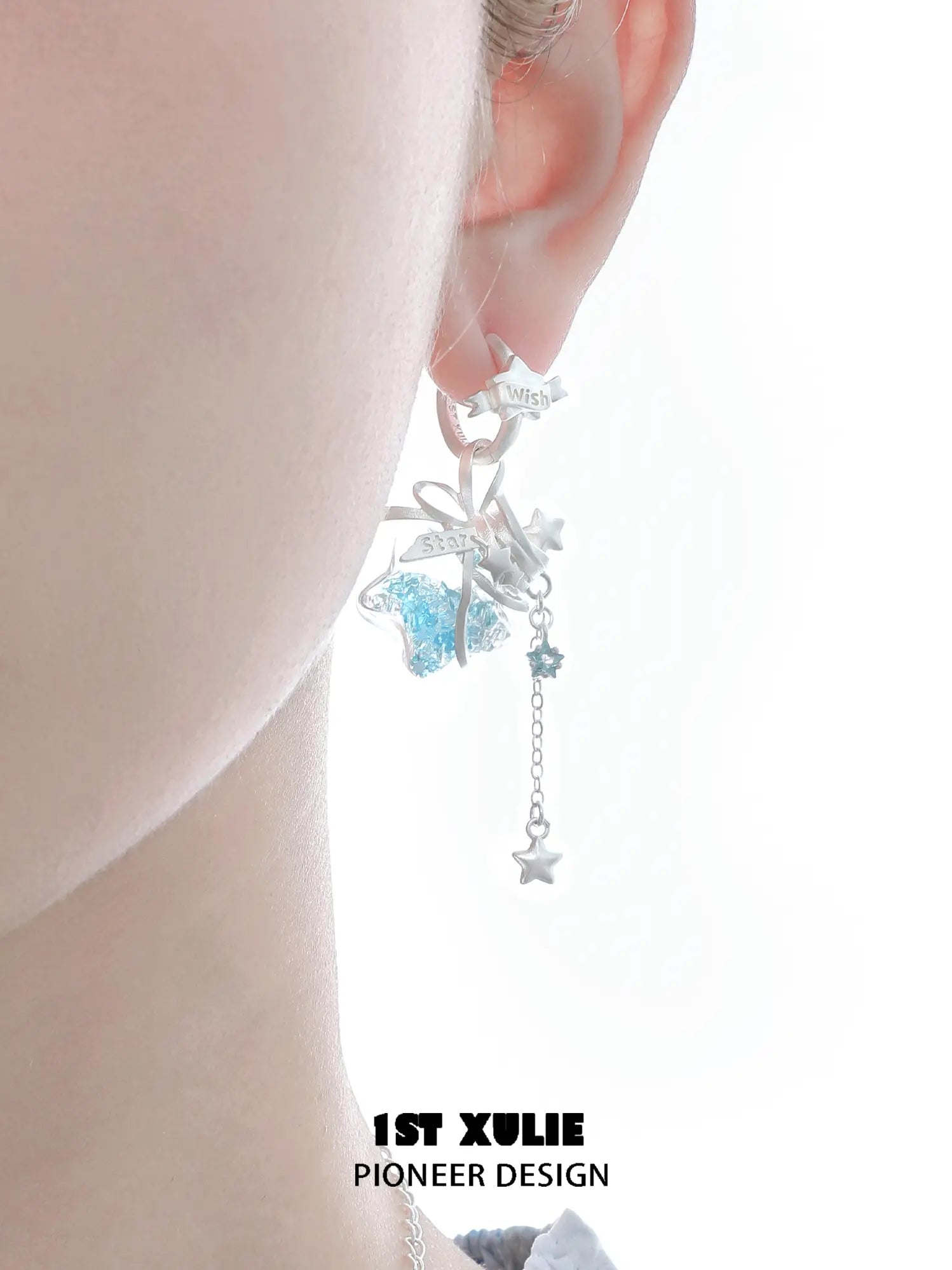 1ST XULIE Jewelry "WISHING STAR" Wishing Bottle Dangle Earrings in Platinum Plated - On Model Yellow