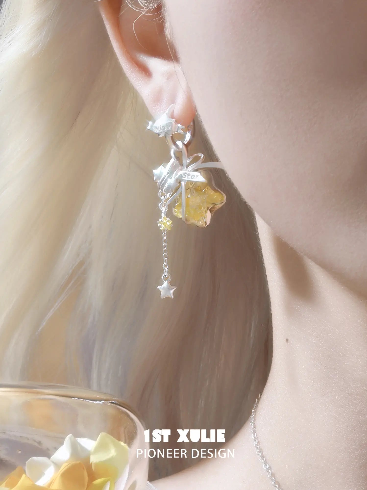 1ST XULIE Jewelry "WISHING STAR" Wishing Bottle Dangle Earrings in Platinum Plated - Yellow Star Pair