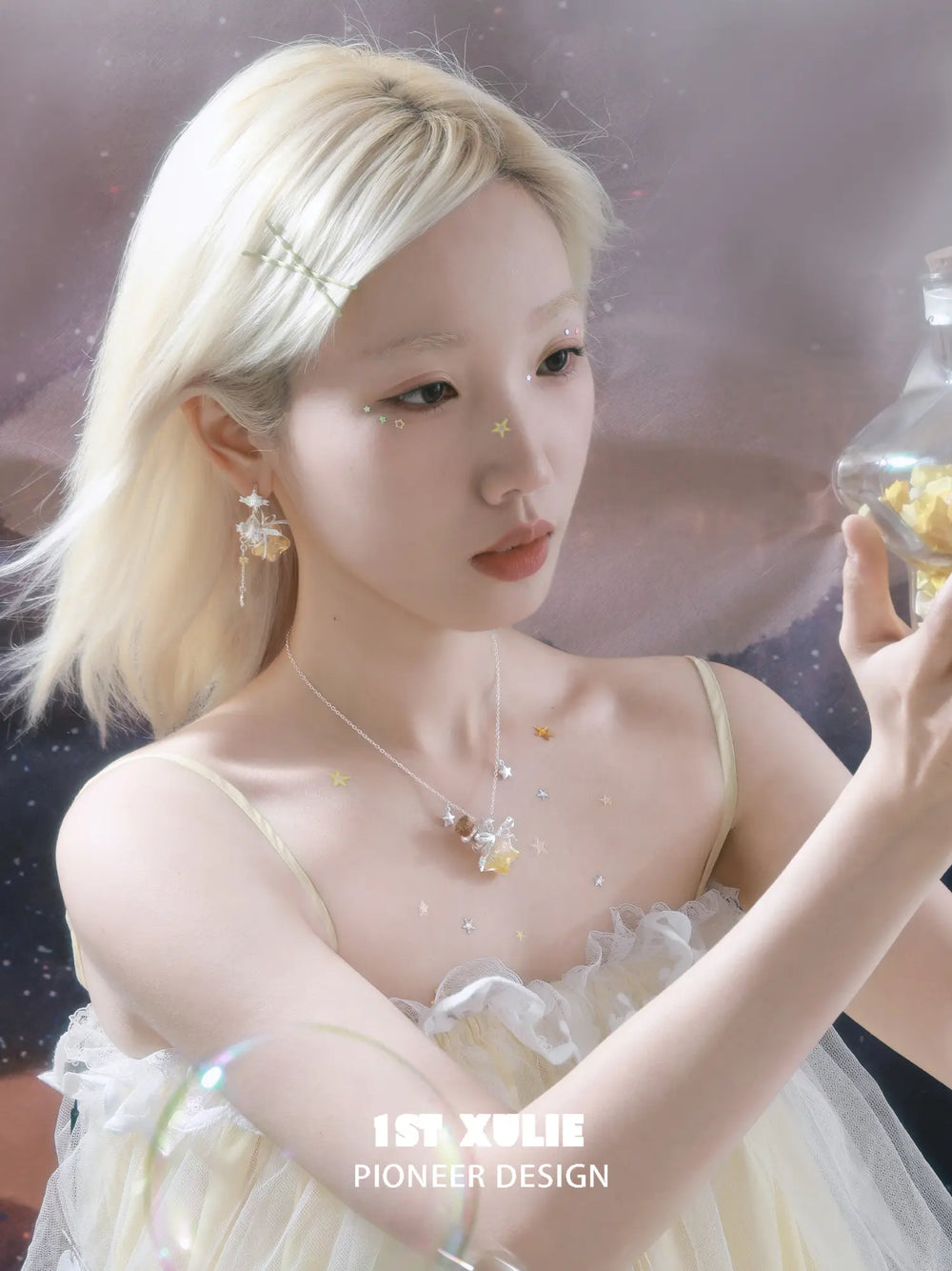 1ST XULIE Jewelry "WISHING STAR" Wishing Bottle Dangle Earrings in Platinum Plated - Yellow Star Single