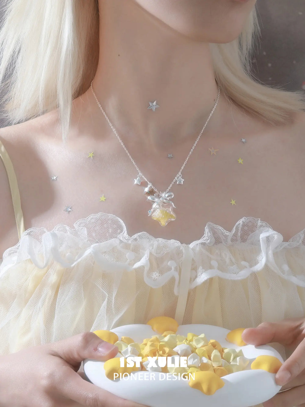 1ST XULIE Jewelry "WISHING STAR" Platinum Plated Wishing Bottle Star Statement Pendant Necklace - Detail Shot