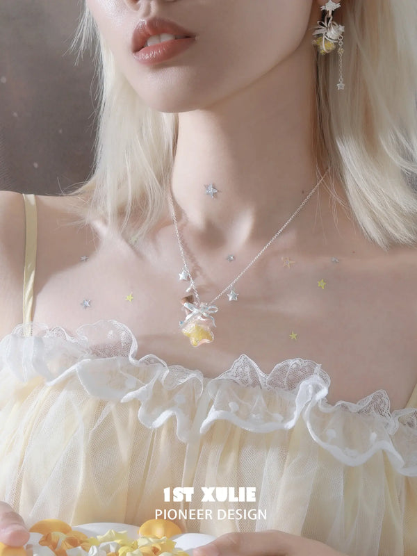 “WISHING STAR” Platinum Plated Wishing Bottle Star Statement Pendant Necklace