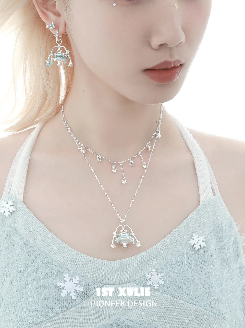1ST XULIE Jewelry "WISHING STAR" Wishing Fountain Pendant Necklace in Rhodium Plated Brass - Lifestyle Shot