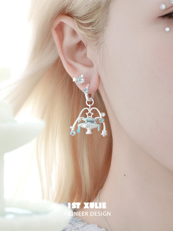 "WISHING STAR" Rhodium Plated Wishing Pool Dangle Fan Earrings, Zirconia