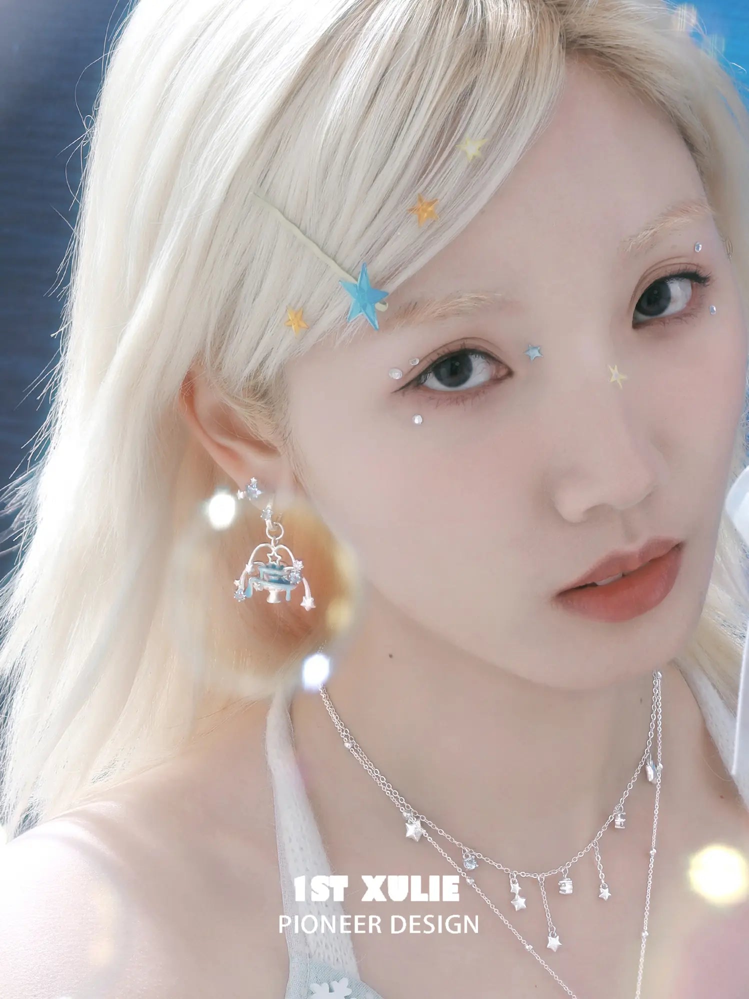 1ST XULIE Jewelry "WISHING STAR" Wishing Pool Dangle Fan Earrings in Rhodium Plated Brass - Lifestyle Shot